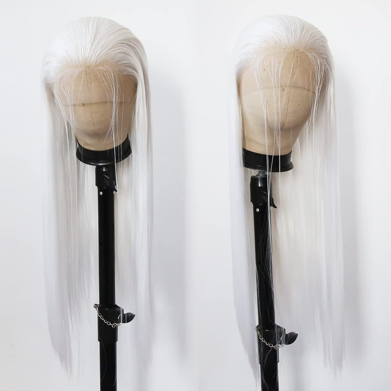 BTWTRY White Synthetic Lace Front Wig - Long Straight Platinum Snow White Lace Front Synthetic Wig - Pre Plucked Natural Hairline - Glueless Heat Resistant Fiber Hair Wig for Fashion Women - Image 5